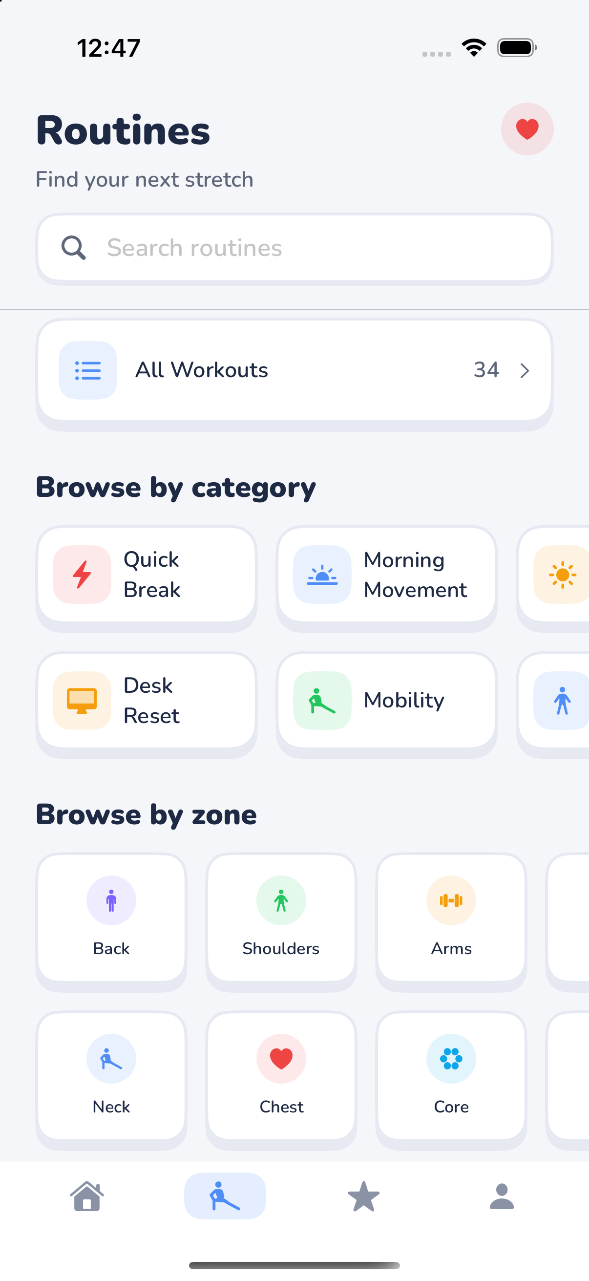 Limber routine browser with search, categories including Quick Break and Desk Reset, and body focus zones